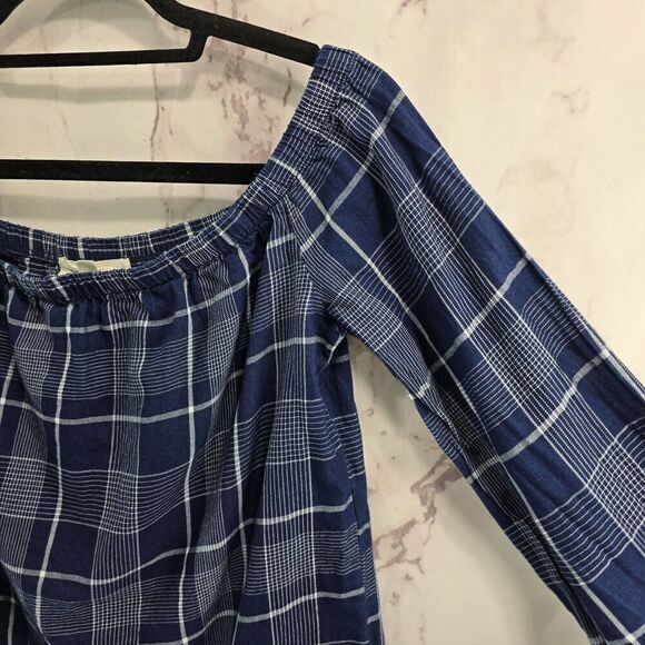 Cloth Stone Shirt Women Small Navy Blue Off Shoulder Check Plaid Slit Picnic - Picture 13 of 14